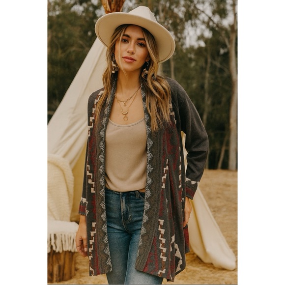 Johnny Was Sweaters - Johnny Was S Gray Embroidered Boho Southwestern Aztec Open Front Long Cardigan